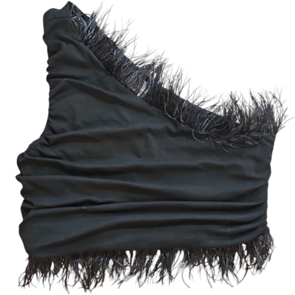 MWT Anthropologie Black Feathered One-Shoulder Cropped Top sz XL - Picture 6 of 12